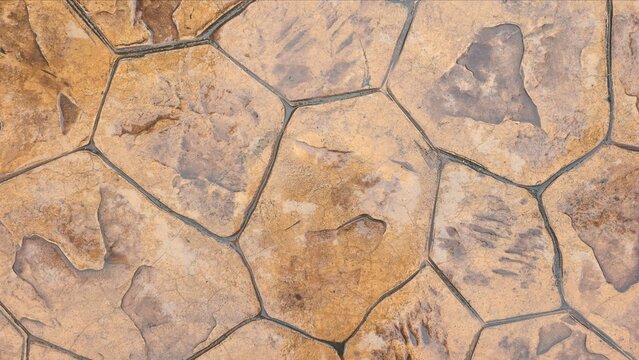 A wet, orange-brown stamped concrete footpath with an irregular stone pattern. An abstract background or backdrop for design projects or urban street environments.