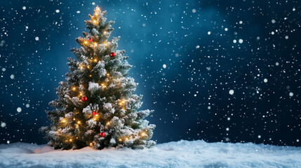 Christmas tree in forest. Christmas tree in snow covered pine woods at night