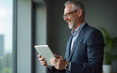 Happy middle aged business man ceo wearing suit standing in office using digital tablet. Smiling mature businessman professional executive manager looking away thinking working on tech device.