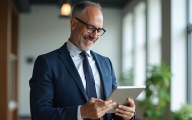 Happy mature business man executive wearing suit in office using tablet. Happy middle aged business man ceo wearing suit standing in office using digital tablet. Smiling mature businessman professiona