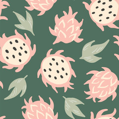 Hand painted juicy dragon fruits with seeds and leaves, as a minimalist botanical pattern in colors of pink, off white, black and sage green on olive green. Tropical fruit seamless vector pattern. 