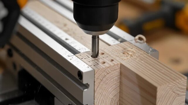 A drill bit precisely bores into a wooden block. Woodworking jig ensures accurate hole placement for craftsmanship.