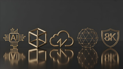 Stunning gold technology icons representing AI cloud data security and high resolution