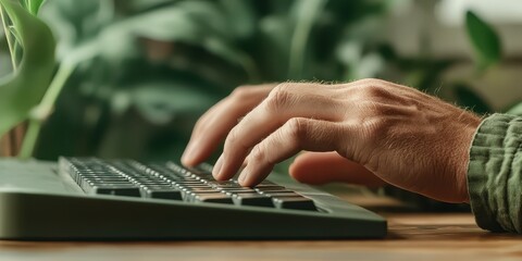 Hands typing on keyboard, working from home desk with green plant, freelance digital work.