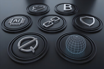 Stunning collection of futuristic technology and cryptocurrency icons on dark background
