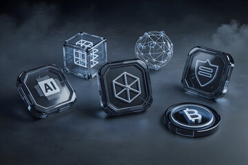 Stunning digital technology icons representing AI blockchain security and finance concepts