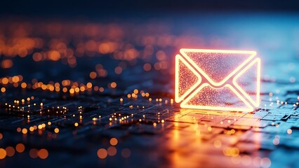 Bright glowing email envelope symbol on a futuristic circuit board background depicting digital communication