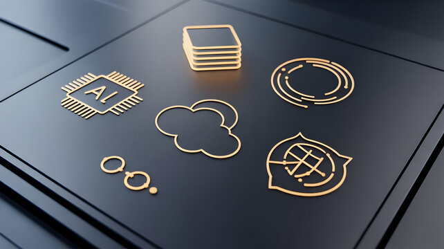 Stunning gold technology icons float above dark surface representing digital innovation - Powered by Adobe