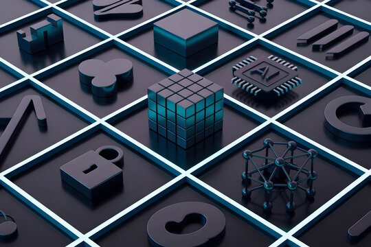 Stunning digital icons represent AI technology security and complex data structures - Powered by Adobe