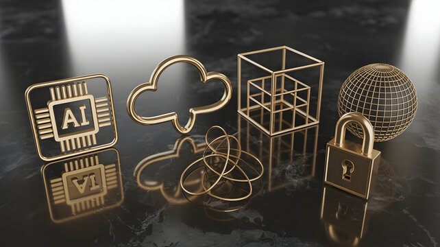 Stunning gold technology icons float above dark marble representing digital security and innovation - Powered by Adobe