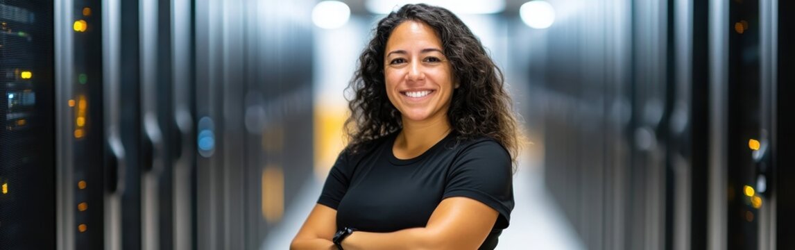 Woman smiling confidently with arms crossed in a modern data center aisle with rows of server racks and lights. - Powered by Adobe