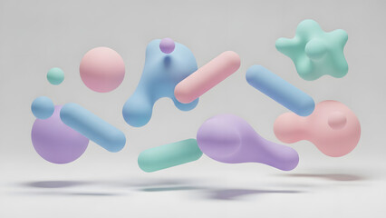 Floating 3D Organic Blob and Capsule Shapes in Soft Pastel Colors on a White Background