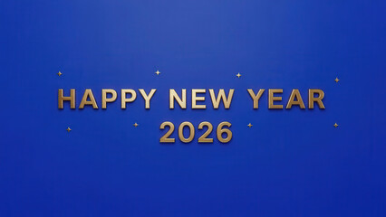 Solid royal blue background, metallic gold text Happy New Year 2026, simple graphic layout