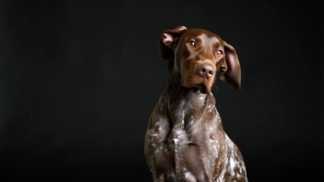 Expressive portrait of a German Shorthaired Pointer isolated on a black background. The dog is alert, its ears are moving, and it is turning its head to the right. 
