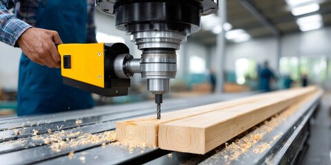 Worker operating CNC machine drilling wood in factory