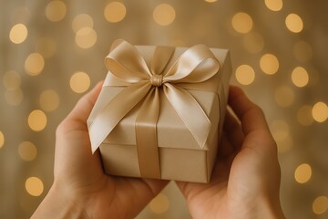 Hands Holding Gift Box with Satin Ribbon and Bokeh Lights