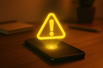 Smartphone Emitting Yellow Warning Symbol in Dark Room