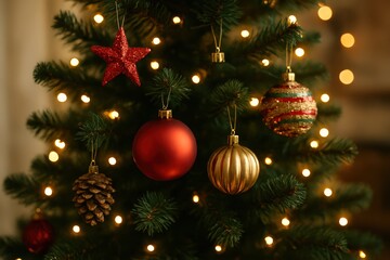 Christmas Tree with Ornaments and String Lights