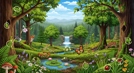 Forest ecosystem with biodiversity icons overlay