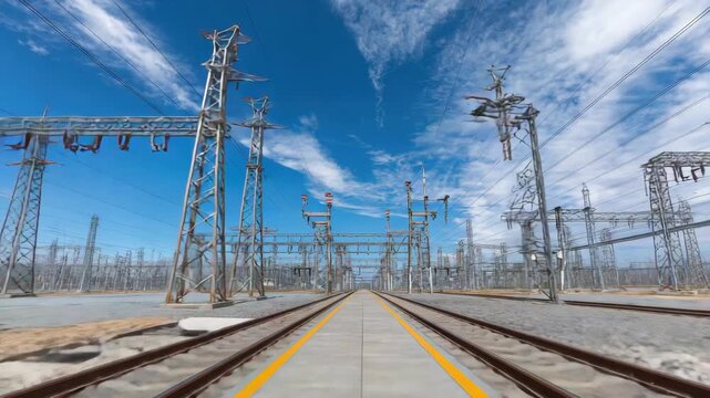 Electrical Substation View with Power Lines and Clear Blue Sky with Clouds Converging on Train Tracks Perspective Under Bright Sunlight with Industrial Infrastructure