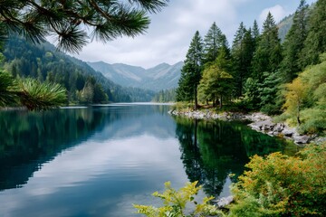 Calm lake reflecting mountains and green forest