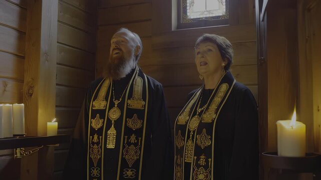 Two people singing in church