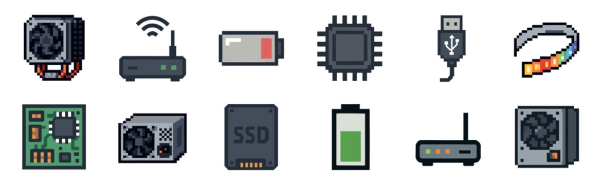 Diverse collection of pixel art computer and electronic components is digitally rendered in a charming retro 8-bit style, showcasing essential hardware and connectivity elements
