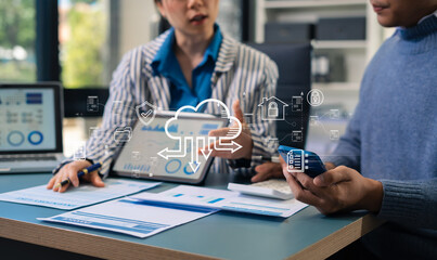 Hand touching secure access service edge icon on smartphone virtual screen background, password, network, framework and support technology in office. secure access service edge concept.