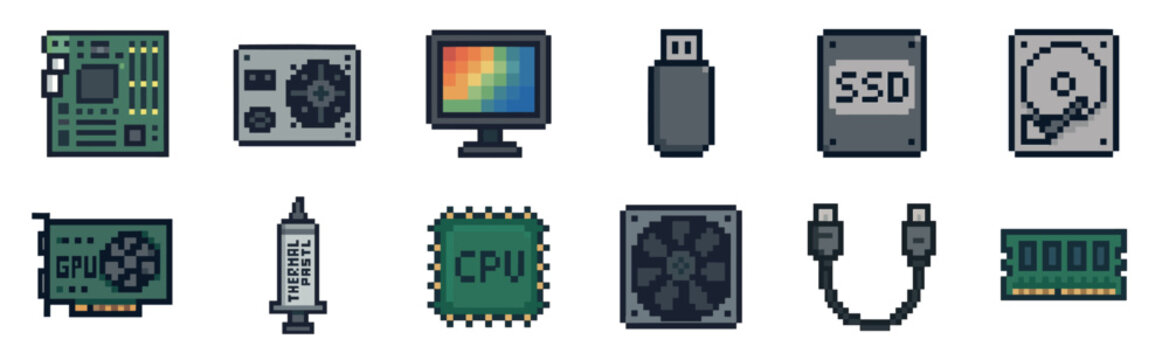 Collection of pixel art computer components, including a motherboard, GPU, CPU, SSD, HDD, RAM, monitor, and other essential hardware, rendered in a charming retro 8-bit style