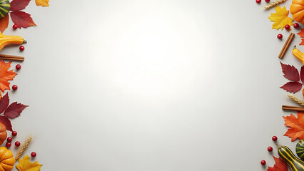 Autumn harvest border with colorful leaves, pumpkins, berries, and cinnamon sticks on a white background, perfect for seasonal designs.