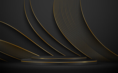 Black podium with elegant gold lines for the best awards or product display. stage or podium. vector illustration	