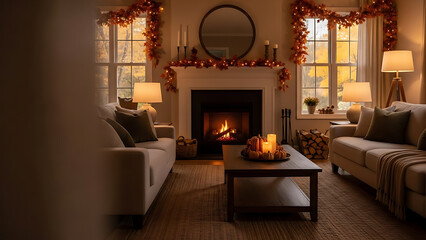 Cozy living room decorated for autumn with a burning fireplace, sofas, and warm lighting.