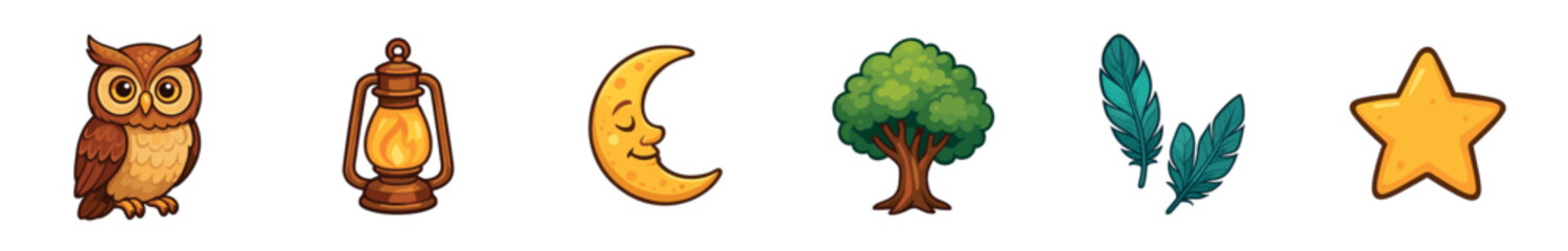 Obraz premium Various cute cartoon nature and night elements are whimsically illustrated, showcasing a brown owl, glowing lantern, smiling crescent moon, green tree, teal feathers, and a yellow star