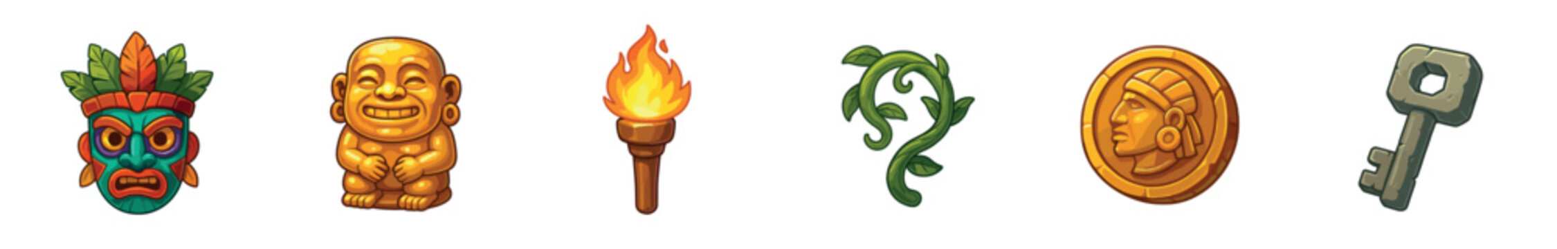 Vibrant collection of six distinct cartoon-style game assets, featuring an ancient tiki mask, a golden Buddha, a flaming torch, a green vine, a gold coin, and an old stone key