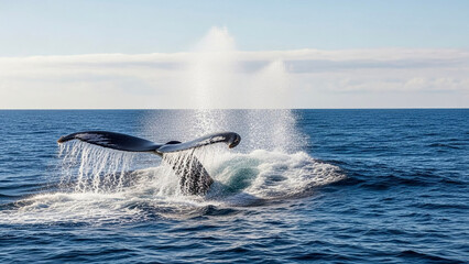 Fototapeta premium Whale tail emerging from water with spray in ocean landscape 