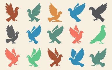 Doves In Various Poses Flying Perched Silhouette Set