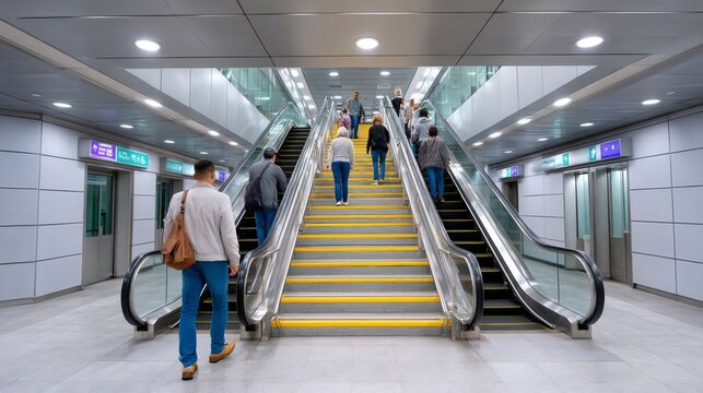 Commuters using escalator and stairs in a modern subway station - Powered by Adobe