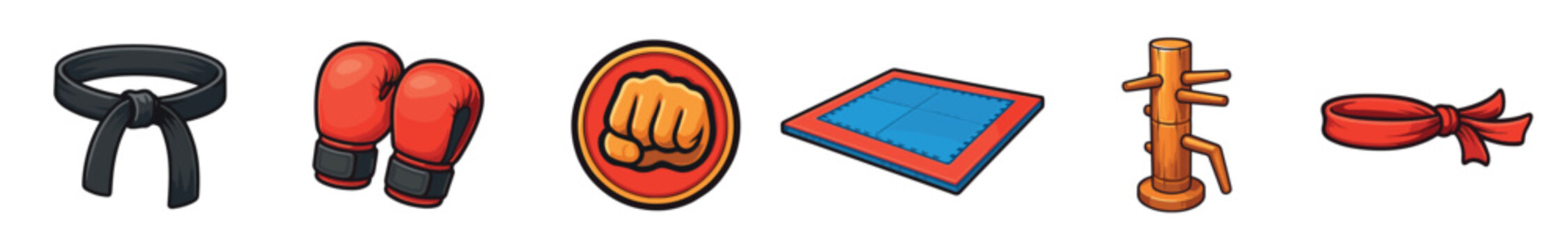 This collection of colorful martial arts and combat sports equipment is rendered in a vibrant cartoon style, featuring various training items