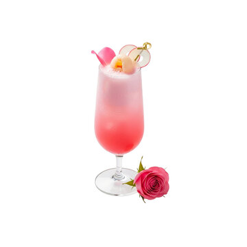 pink rose lychee cold brew tea in a glass with rose, lychee, isolated on a white background