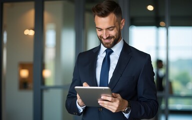 Digital marketing. Happy middle aged business man ceo wearing suit standing in office using digital tablet. High quality