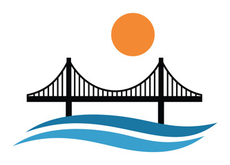 A suspension bridge over blue waves with a sun or for travel city transportation or architecture related branding