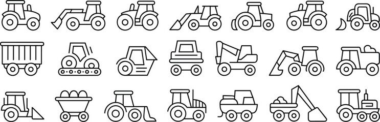 Construction vehicle icons, agricultural machinery set, black line graphics, editable, isolated, tractor, excavator, bulldozer, loader, dump truck, heavy © Sopon Creatives