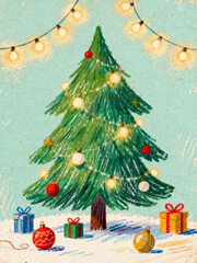 선물과 오너먼트로 꾸며진 크리스마스트리 귀여운 파스텔 일러스트