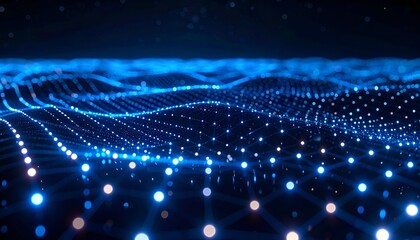 A futuristic digital landscape featuring a glowing blue network, resembling data waves