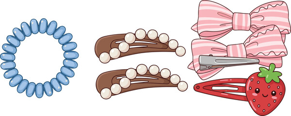 🎀 Essential Hair Accessories: Stylish Collection for Girls and Women, Including Spiral Hair Tie, Pearl Clips, Cute Strawberry Snap, and Pink Striped Bow Clips