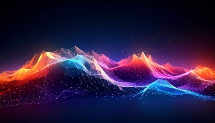 A glowing, abstract mountain range formed by a network of connecting lines, set against a dark blue background