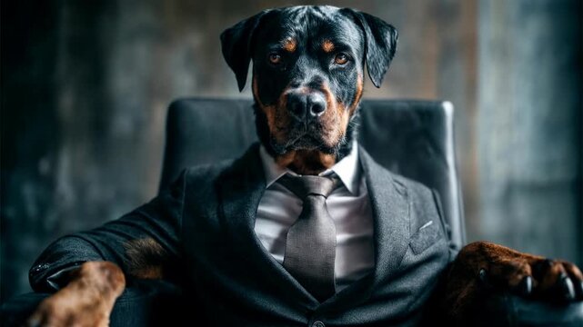 Dog head character wearing formal suit sitting confidently in chair captured with rich cinematic clarity creating an immersive visual moment that draws viewers into a compelling story filled