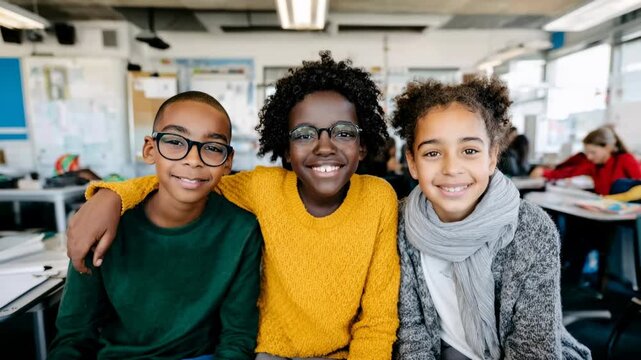Joyful video features three smiling children posing together capturing friendship diversity happiness and youthful energy through expressive faces bright colors and natural emotional authenticity