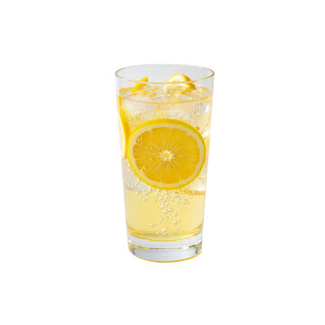 Cold yuzu soda drink with ice in a clear glass, isolated on white