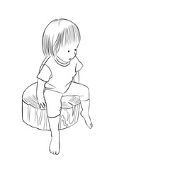 Monochrome line art illustration of a young child sitting on a tree stump